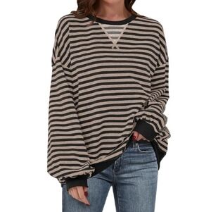 Striped Oversized Crewneck Long Sleeve Y2K Pullover Sweatshirt Brown